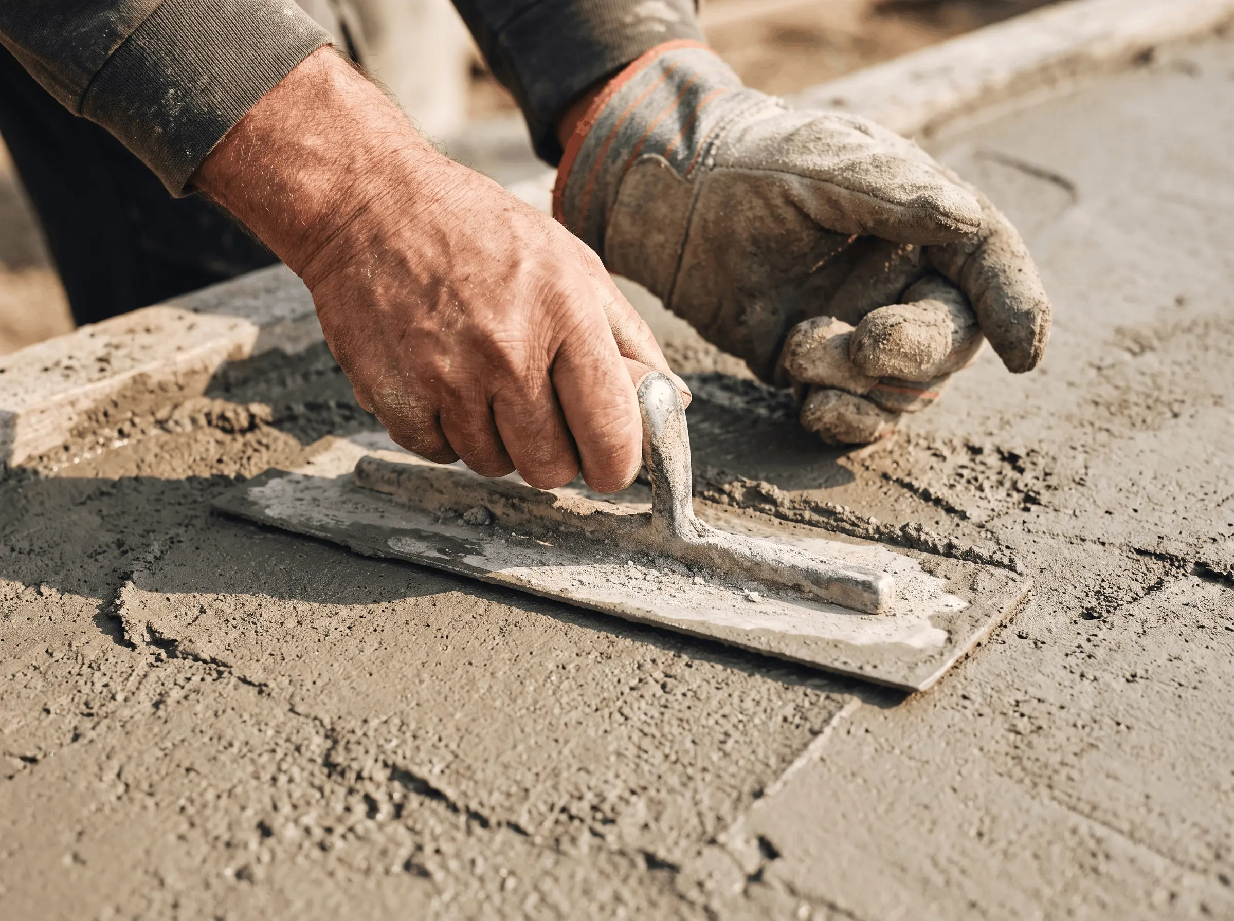 Estrichleger der E. Brückner GmbH glättet mit der Kelle frischen Estrich auf einer Baustelle im Münsterland