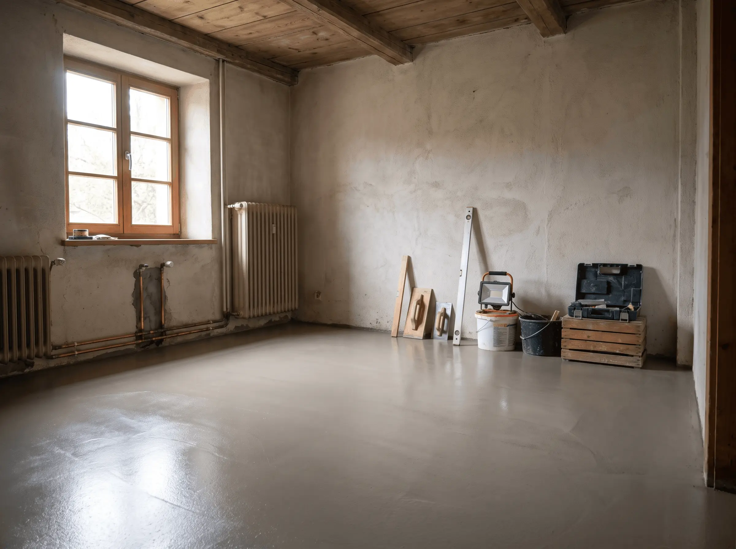 Frisch verlegter Zementestrich im sanierten Altbau-Wohnzimmer eines Wohnhauses in Münster