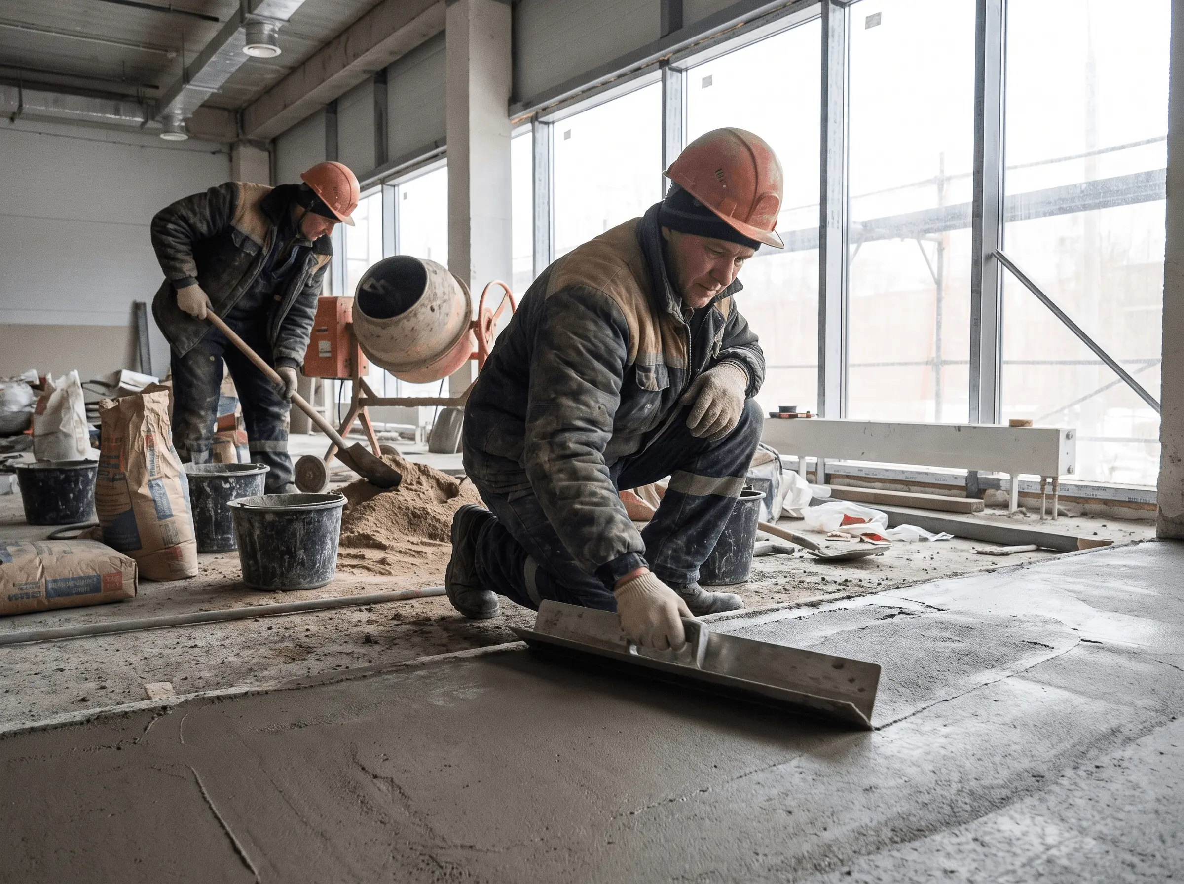 Zwei Estrichleger der E. Brückner GmbH bei der Estrichverlegung auf einer Baustelle in Warendorf